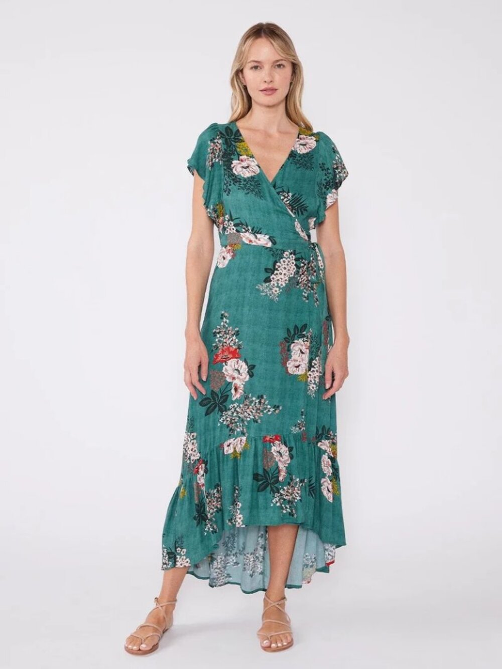 Lovestitch Wrap Midi Hi-Low Dress Floral Flutter Sleeve Green NWT